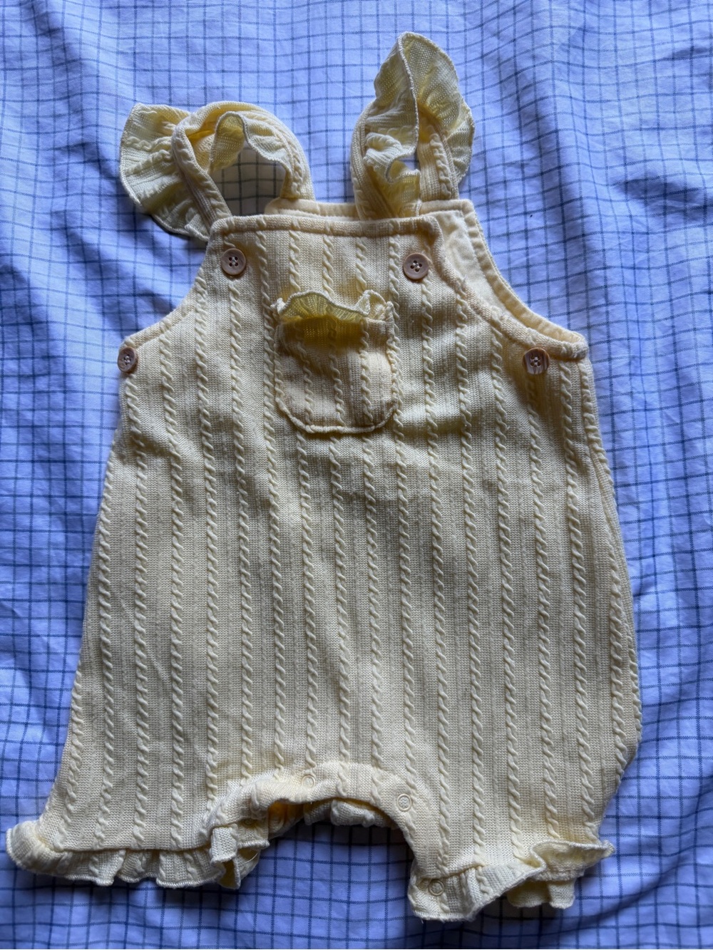 Just Lizzy Yellow Knit Cable Romper with Ruffle Straps and Pocket